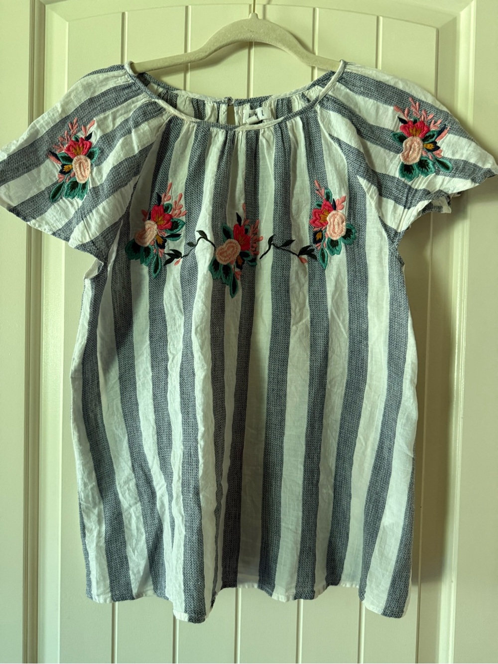 White and Blue Striped Embroidered Peasant Blouse. 100%cotton